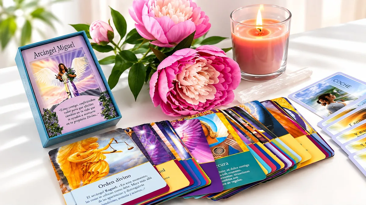 Baraja de cartas oráculo desplegada junto a flores y una vela